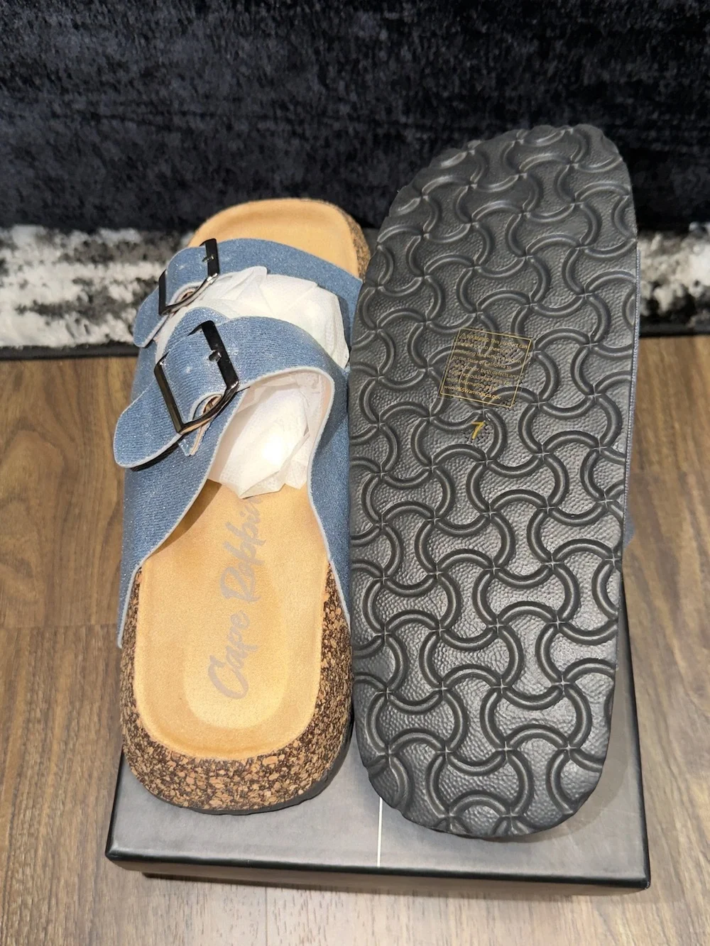 Sparkle Silver-Blue Double-Buckle Slide Sandals